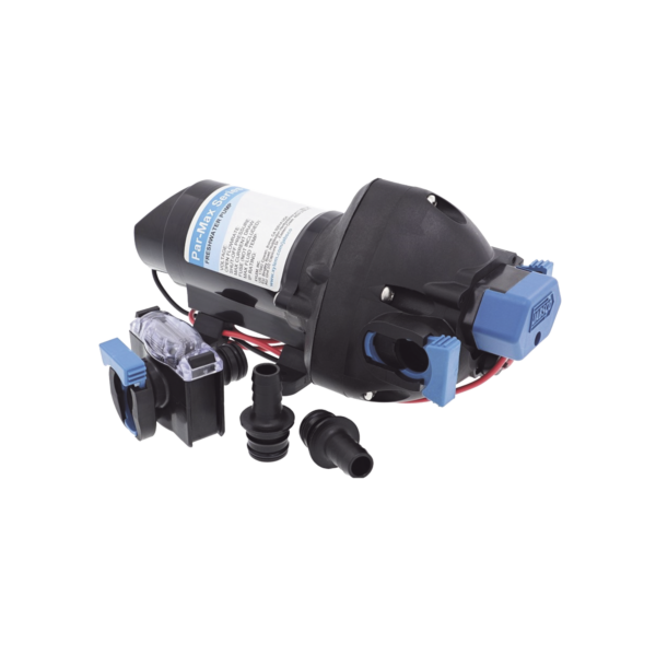 Bomba controlada por presión Par Max a 12 Vcd, caudal de 2 GPM, presión máxima 35 psi, para manguera de entrada con orificio de 38 mm (1½”), manguera de descarga con orificio de 25 mm (1”)