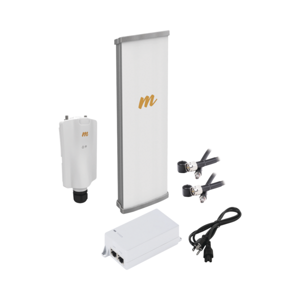 Kit de radio A5x con antena N545X4, 4.9 a 6.4 GHz, 700 Mbps, hasta 64 usuarios concurrentes,  Monitoreo a travez de la nube, incluye jumper, PoE24V, cable de alimentación y montaje