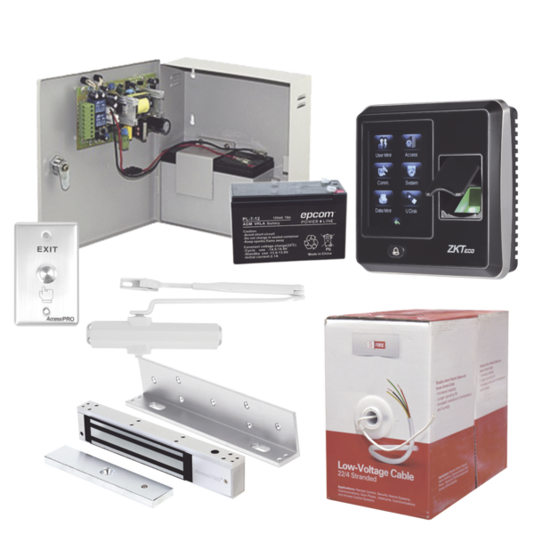 Sistema Completo de Acceso, Incluye Lector Biometrico SF300, Chapa magnética con bracket, Cierra puerta, Botón de Salida, Cable " Gratis ", y fuente profesional con Batería