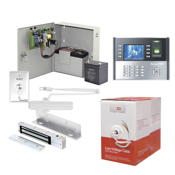 Sistema Completo de Acceso, Incluye Lector Biometrico ICLOCK990, Chapa magnética con bracket, Cierra puerta, Botón de Salida, Cable " Gratis ", y fuente profesional con Batería