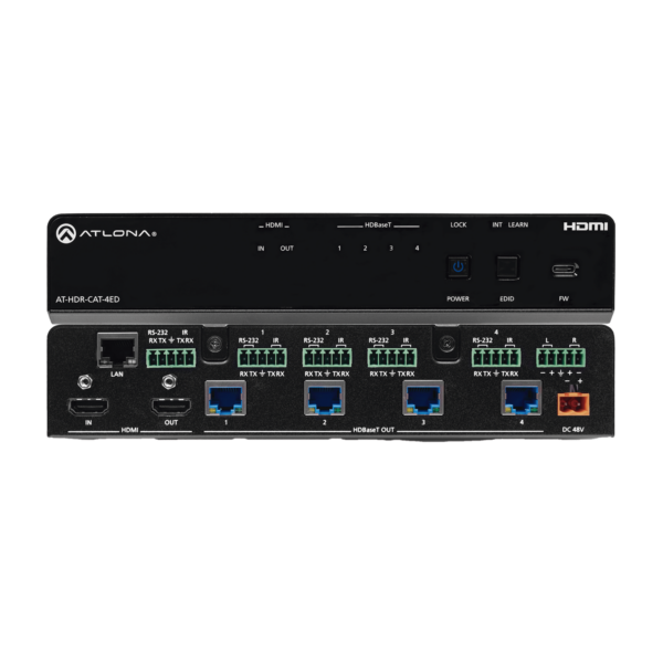 Amplificador de distribución de alto rango dinámico (HDR) con una entrada HDMI® y cuatro salidas HDBaseT™