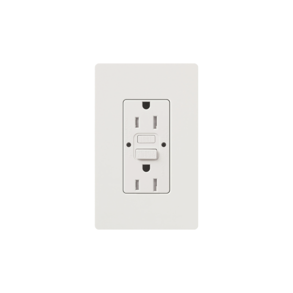 Tomacorriente 125V 15A resistente a manipulaciones, color blanco.