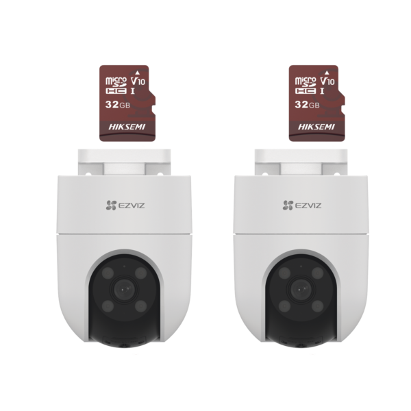 Kit de Camaras WiFi, Incluye 2 Piezas CS-H8C y 2 Piezas HS-TF-E1/32G / Audio de Dos Vías / Detección de Movimiento /  Luz Estroboscópica / Sirena  /  Uso en Exterior con Protección