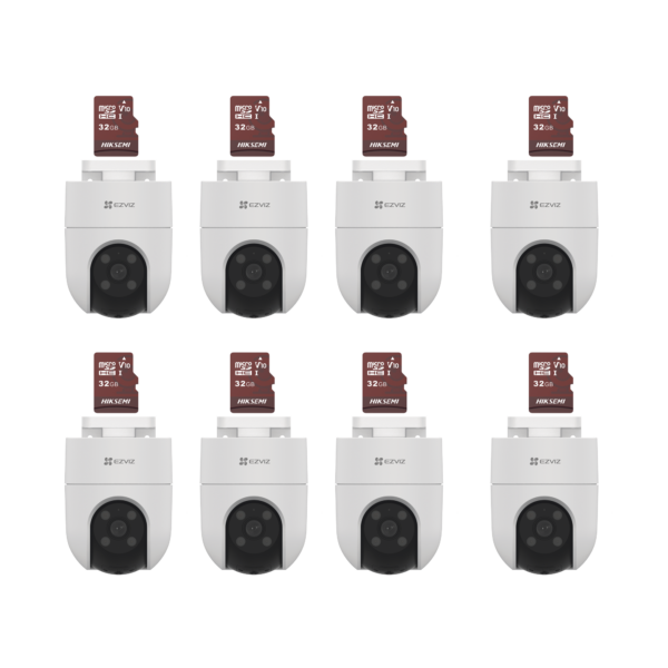 Kit de Camaras WiFi, Incluye 8 Piezas CS-H8C y 8 Piezas HS-TF-E1/32G / Audio de Dos Vías / Detección de Movimiento /  Luz Blanca / Sirena  /  Uso en Exterior con Protección