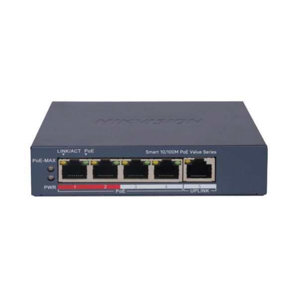 Switch PoE+ / Administrable / 4 Puertos 10/100 Mbps PoE+ / 1 Puerto 10/100 Mbps Uplink / Configuración Nube Hik-PartnerPro / Modo Extendido hasta 300 Metros /  45 W