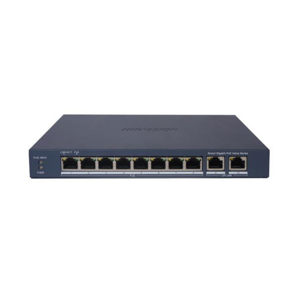 Switch Gigabit PoE+ / Administrable / 8 Puertos 1000 Mbps PoE+ / 2 Puertos 1000 Mbps de Uplink / Configuración Nube Hik-PartnerPro / Modo Extendido hasta 300 Metros / 60 W