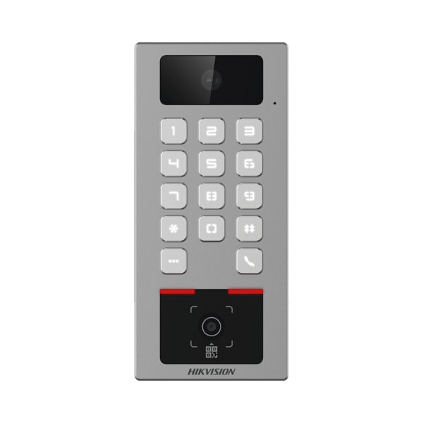 Teclado con Lector Físico de QRs para Exterior Antivandálico IP65 & IK09 con función de Videoportero Multiapartamento /  Huella, Tarjeta, Código QR, PIN o App HikConnect  / Cámara 2 MP compatible con NVRs / Soporta b