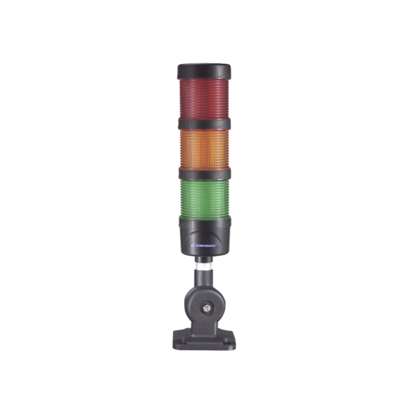 Torre LED Indicadora de estado de 3 niveles color Rojo, Ámbar y Verde, con Buzzer integrado a 85 dB,  a 110-240 VCA con Montaje incluido de 60 mm de diámetro