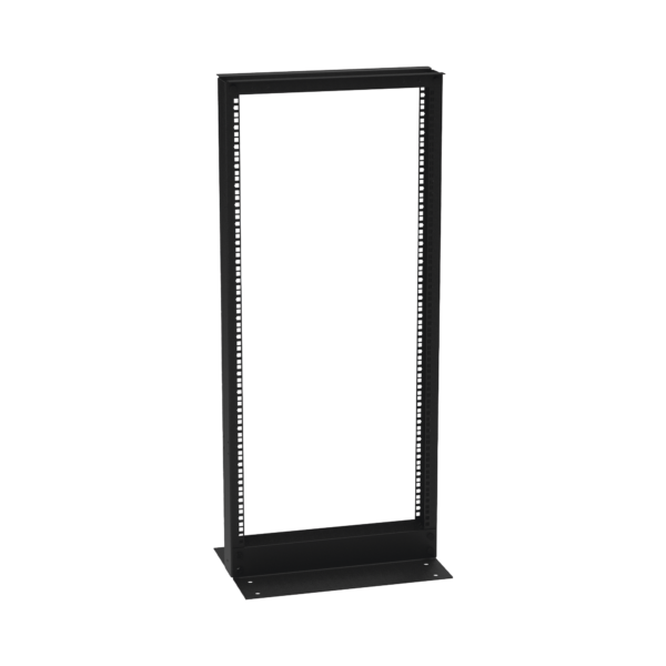 Rack de 2 Postes (Doble Perforación), Estándar 19", 24 Unidades, Fabricado en Acero, Base "L" para Anclar a Piso.
