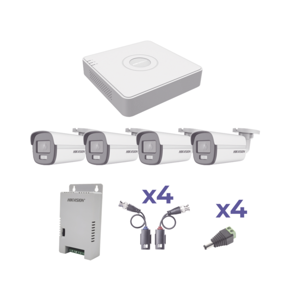 KIT COLORVU TURBOHD 1080p Lite / DVR 4 Canales / 4 Cámaras Bala (exterior 2.8 mm) / Transceptores / Conectores / Fuente de Poder Profesional