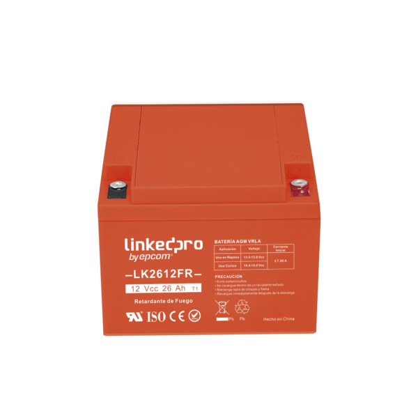 Batería 12 Vcc / 26 Ah / UL / Tecnología AGM-VRLA / Retardante a la Flama / Para uso en equipo electrónico, Alarmas de Intrusión / Incendio/ Control de acceso / Video Vigilancia / Terminales T1 ( Incluye adaptador para termina