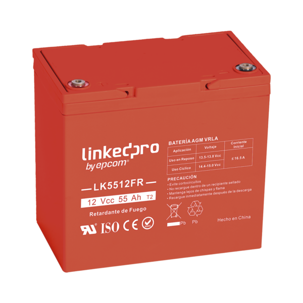 Batería 12 Vcc / 55 Ah / UL / Tecnología AGM-VRLA / Retardo a la flama / Para uso en equipo electrónico, Alarmas de Intrusión / Incendio/ Control de acceso / Video Vigilancia / T2