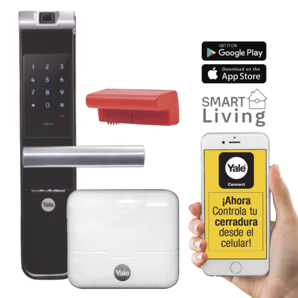 Kit Cerradura con manija YMF40A y HUB, Apertura por,  Código, Biometría y apertura por SMARTPHONE, Para puertas de 35 a 90 mm de espesor