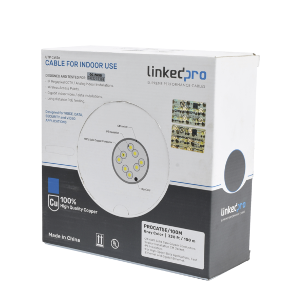 Cable Cat5e de alto rendimiento, con certificaciones ETL, UL, color gris, de 100 m ( 328 ft ) para aplicaciones en CCTV, redes de datos. Uso interior.