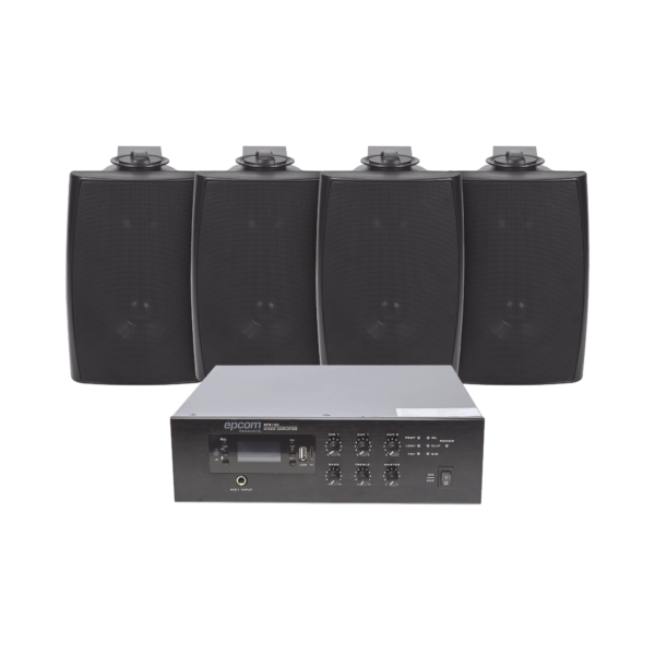 KIT de Amplificador de 120W para Escritorio | 4 Altavoces de Pared color Negro 2.5W - 20W | Sistema 70/100V
