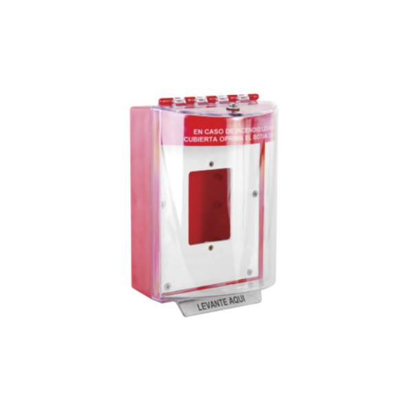 Cubierta Universal De Policarbonato Con Espaciador y Placa De Montaje Interna, Texto De Incendio En Español, Interior/Exterior, Serie Universal Stopper®
