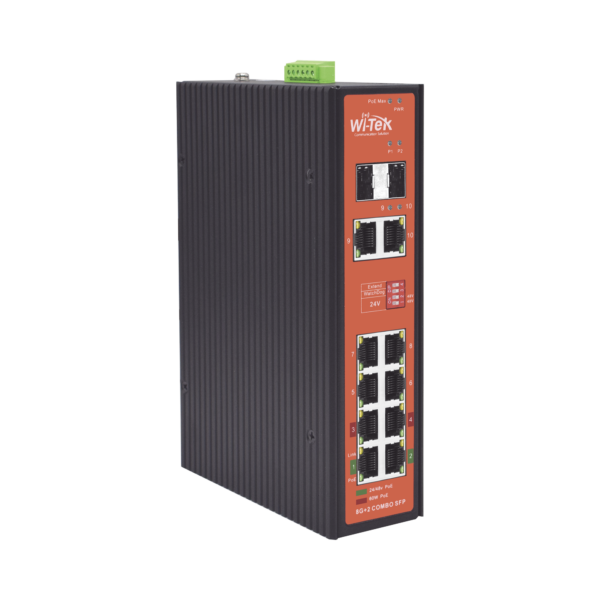 Switch PoE Industrial No administrable / Puertos 1-2 PoE 802.3 af/at y PoE 24 Vcc Pasivo 30W / Puertos 3-4 PoE 802.3 af/at/bt Hasta 60W / Puertos 5-8 PoE 802.3 af/at Hasta 30W / Los 8 puertos son Gigabit + 2 SFP combo / Presupuesto 300W