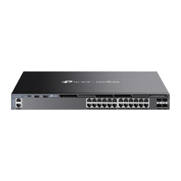 Switch Omada L3 SDN Administrable / 24 puertos Gigabit y 4 puertos SFP+ / Funciones RIP, VVRP, Servidor DHCP / Administración centralizada OMADA / Fuente Redundante