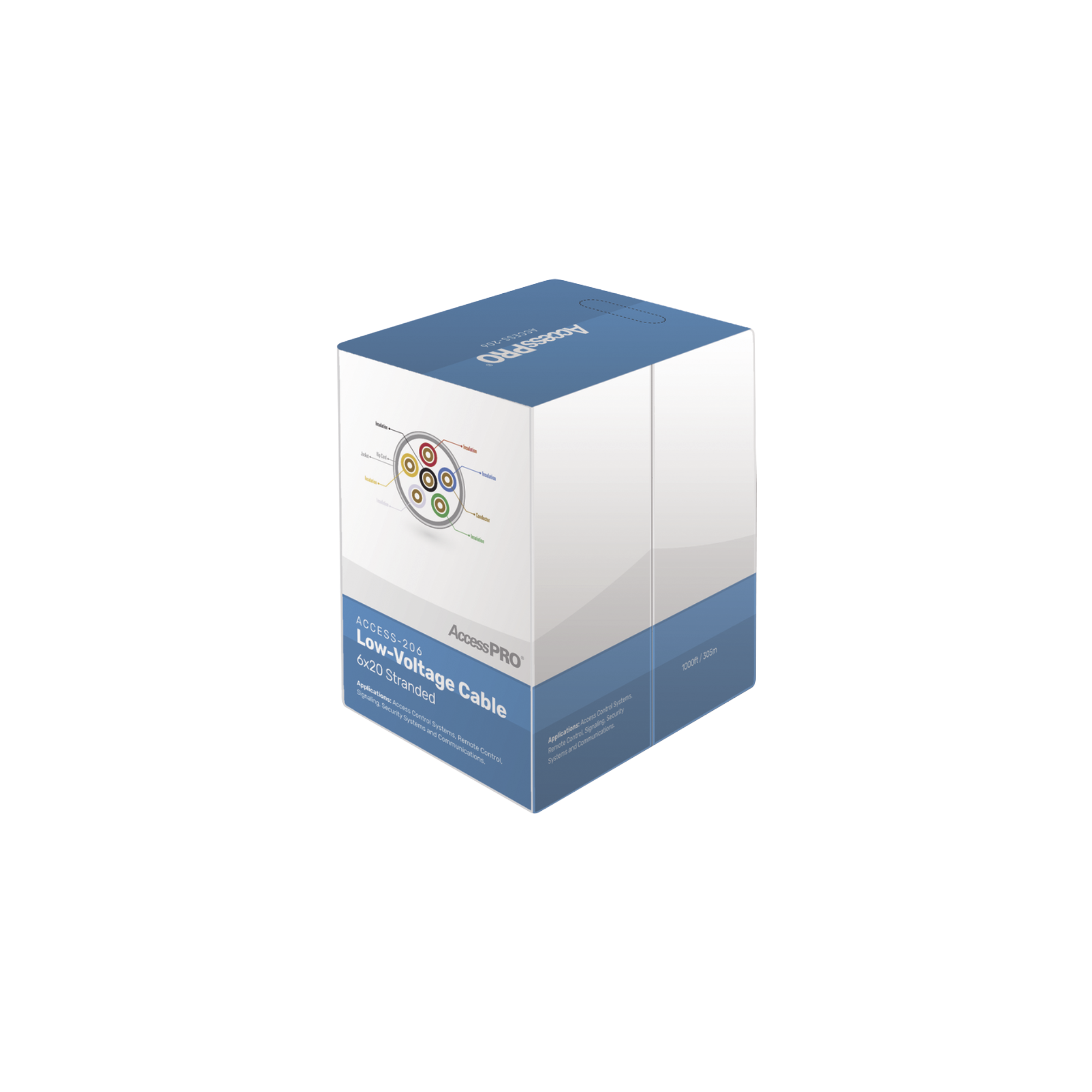 Bobina de 305 metros con 6 conductores de cobre trenzado calibre 20, aislamiento individual de FRPVC de alta calidad, cubierta exterior de PVC con protección anti-flama CM. Para aplicaciones de control de acceso