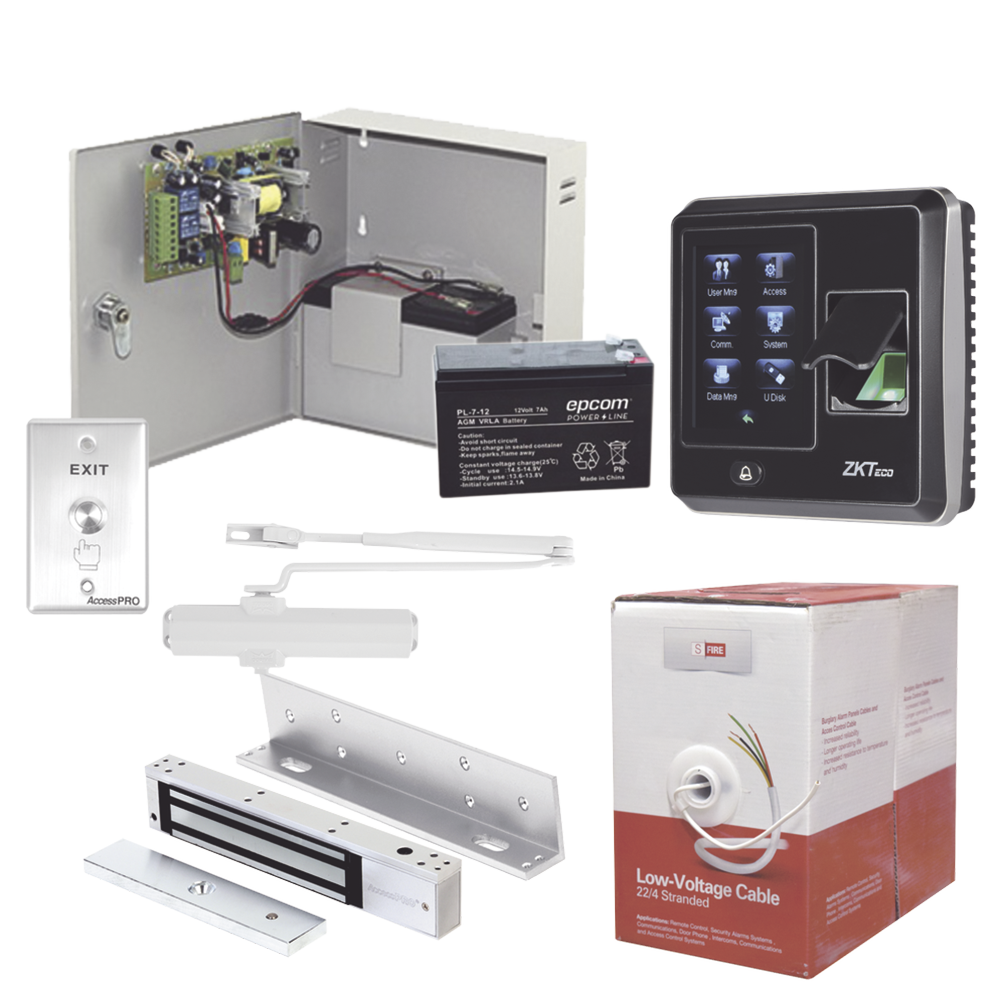 Sistema Completo de Acceso, Incluye Lector Biometrico SF300, Chapa magnética con bracket, Cierra puerta, Botón de Salida, Cable " Gratis ", y fuente profesional con Batería