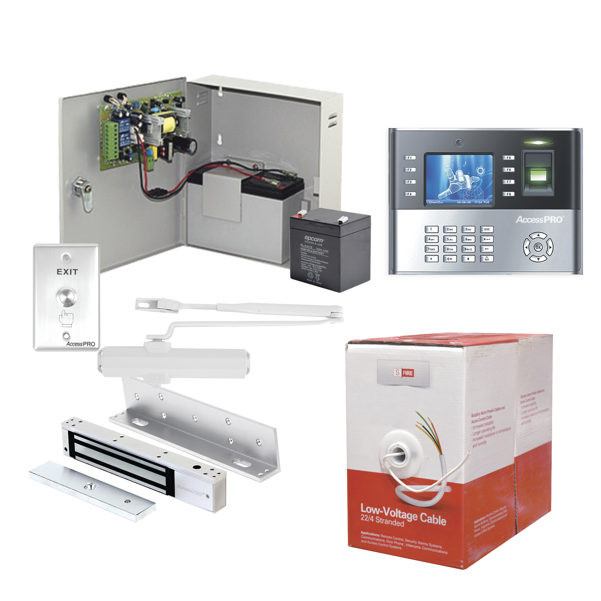 Sistema Completo de Acceso, Incluye Lector Biometrico ICLOCK990, Chapa magnética con bracket, Cierra puerta, Botón de Salida, Cable " Gratis ", y fuente profesional con Batería
