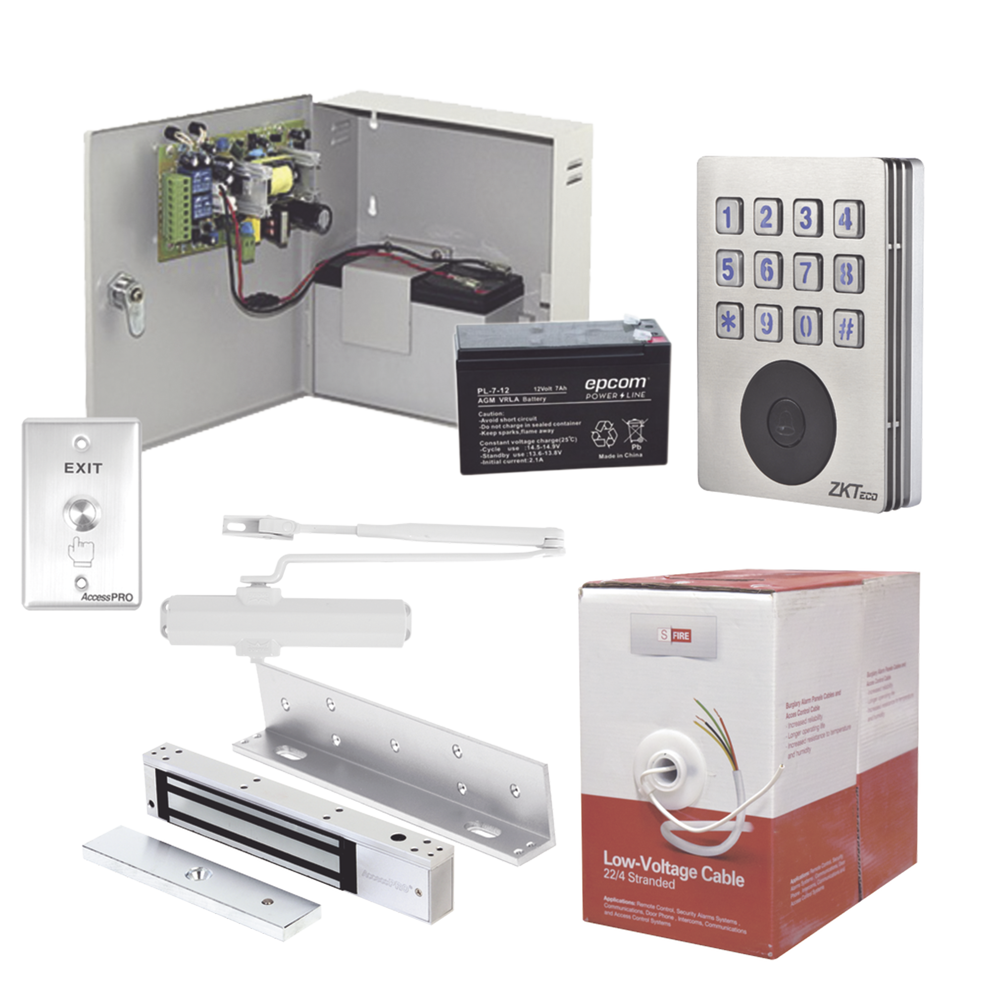 Sistema Completo de Acceso, Incluye Teclado con lector de tarjetas, Chapa magnética con bracket, Cierra puerta, Botón de Salida, Cable " Gratis ", y fuente profesional con Batería