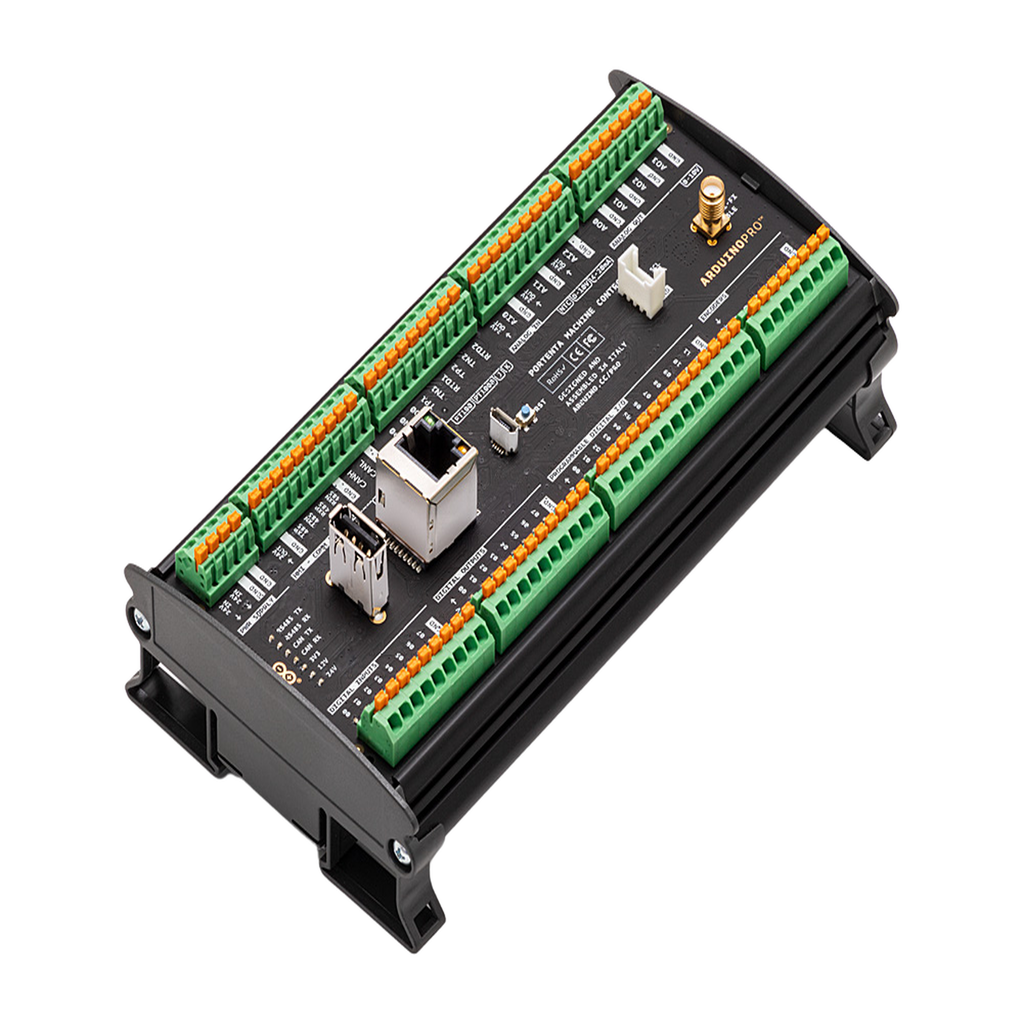 PORTENTA MACHINE CONTROL ,Ideal para aplicaciones en la Industria 4.0 gracias a sus múltiples puertos de comunicación y una programación flexible en estándares de PLC o Arduino IDE