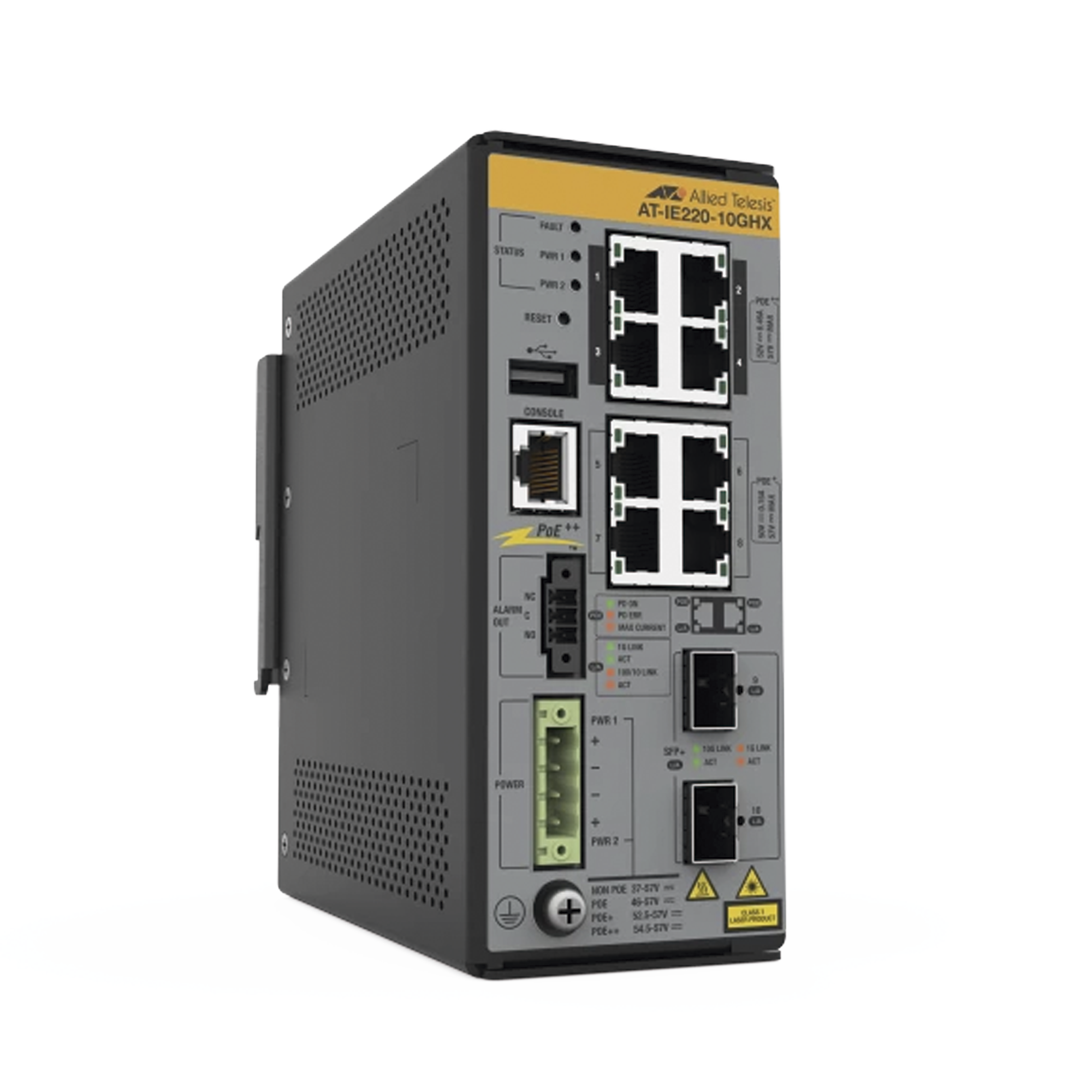8x 10/100/1000T, 2x 1G/10G SFP+, Industrial Ethernet, Layer 2+ Switch, PoE++ (TAA)