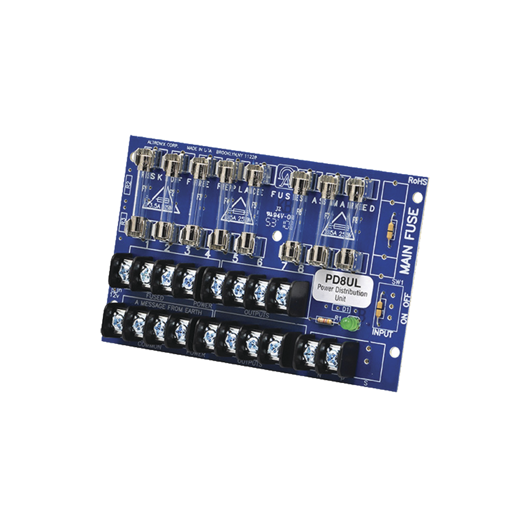 Tablero distribuidor de voltaje, 8 salidas con fusible de protección. Para uso con Fuentes de poder ALTRONIX.