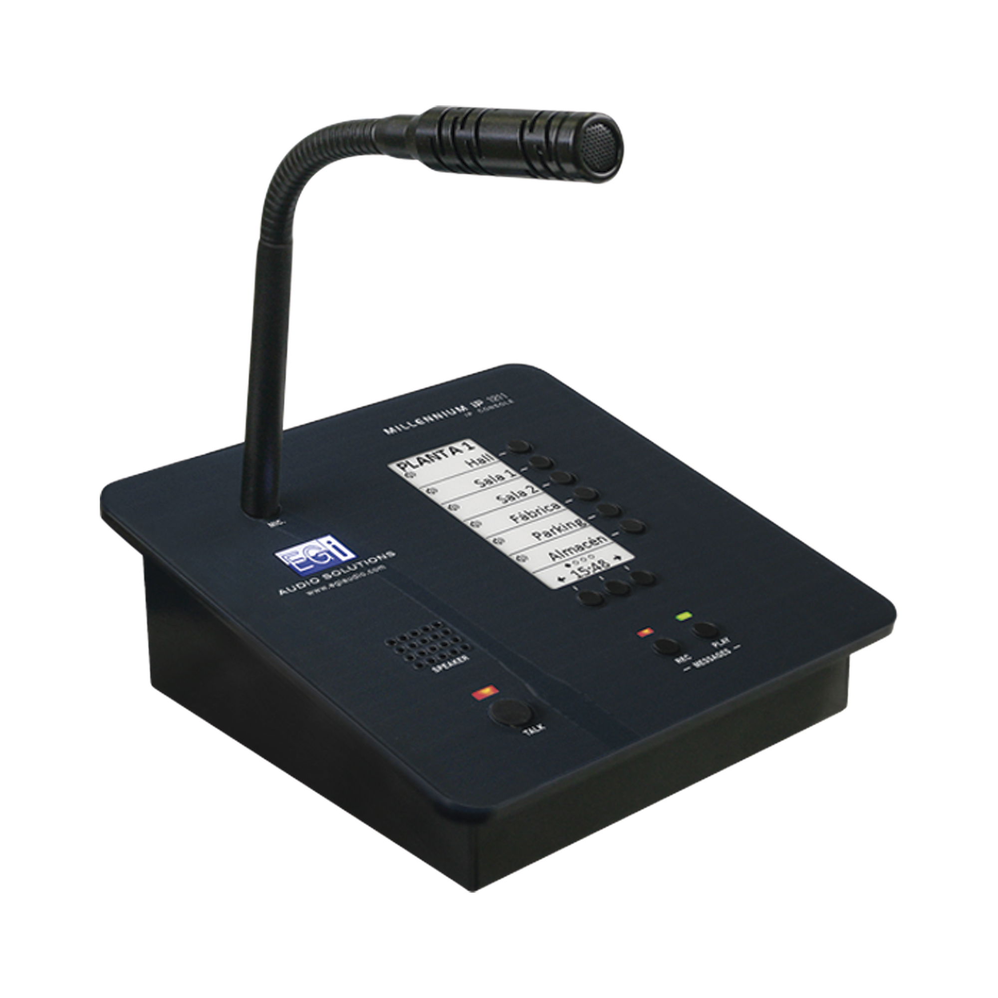 CONSOLA DE AVISOS MULTIZONA IP CON DISPLAY, MICRÓFONO Y GRABADOR DE MENSAJES
