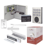 Sistema Completo de Acceso, Incluye Teclado con lector de tarjetas, Chapa magnética con bracket, Cierra puerta, Botón de Salida, Cable " Gratis ", y fuente profesional con Batería