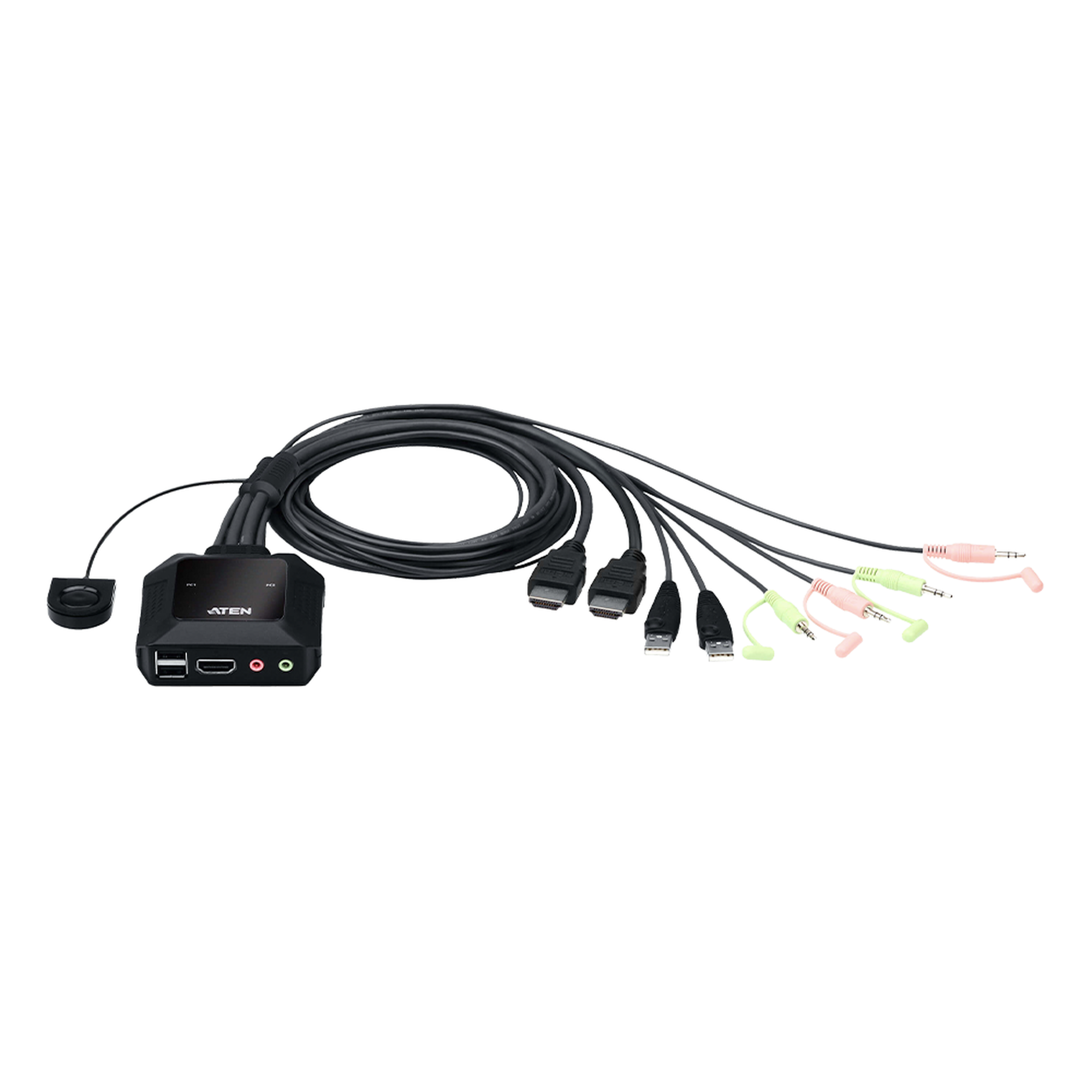 Conmutador KVM con cable HDMI 4K USB de 2 puertos con selector de puerto remoto | 4096x2160 @ 60Hz (4K DCI) | HDCP 2.2 | Jack 3.5mm (Audio/Micrófono) | Conecta y controla 2 equipos con un solo monitor, teclado y mouse