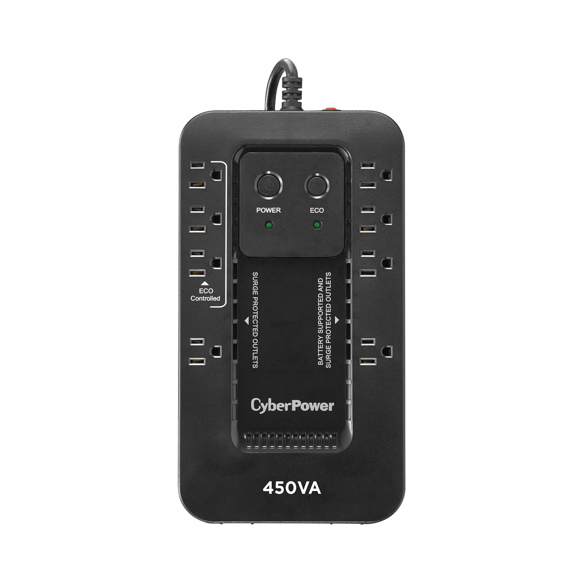 UPS de 450 VA/260 W, Topología Standby con Modo Ahorrador ECO, Entrada 120 Vca NEMA 5-15P, Con 8 Tomas NEMA 5-15R