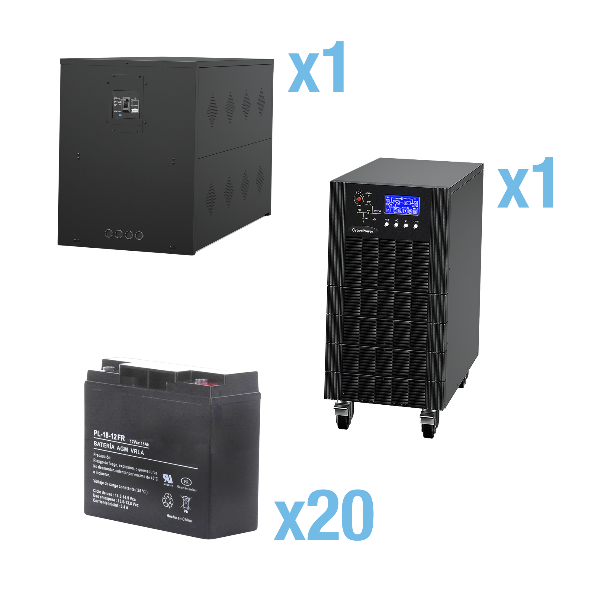 UPS Trifásico de 15 kVA/15 kW, Topología Online Doble Conversión, Voltaje de 208/220 Vca de L-L, Respaldo de 5 Minutos al 100% de Carga, Incluye Módulo y Banco de Baterías