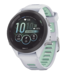 Forerunner® 265S, Bisel negro con carcasa en blanco y correa de silicona en blanco/verde