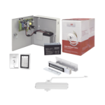 Sistema Completo de Acceso, Incluye Teclado Anti-Vandalico, Chapa magnética con bracket, Cierra puerta, Botón de Salida, Cable " Gratis ", y fuente profesional con Batería