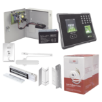 Sistema Completo de Acceso Y asistencia, Incluye Lector Biometrico MB160ID, Chapa magnética con bracket, Cierra puerta, Botón de Salida, Cable " Gratis ", y fuente profesional con Batería