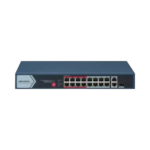 Switch PoE+ / No Administrable / 16 Puertos 10/100 Mbps PoE+ / 2 Puertos 1000 Mbps Uplink / 1 Puerto SFP Uplink / Modo Extendido hasta 300 Metros / 130 W