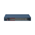 Switch PoE+ / No Administrable / 24 Puertos 10/100 Mbps PoE+ / 2 Puertos 1000 Mbps Uplink / 1 Puerto SFP Uplink / Modo Extendido hasta 300 Metros / 230 W