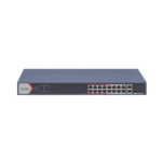 Switch PoE+ / Monitoreable / 16 puertos 10/100 Mbps PoE+ / 2 Puertos 1000 Mbps Uplink / 2 Puertos SFP de Uplink /  Configuración Nube Hik-Partner Pro / Modo Extendido hasta 300 metros / 230 W