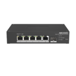 Switch PoE+ Industrial de Escritorio / Administrable / 4 Puertos 10/100 Mbps PoE+ / 1 Puerto 1000 Mbps Uplink / 1 Puertos SFP  /  Configuración Nube Hik-PartnerPro / Modo Extendido hasta 300 Metros / 60 Watts