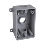 Caja Impermeable de 1 Gang / Profundidad de 2"/ Cuenta con 3 Salidas roscadas para tubería de 1/2" ó 3/4"/ Color Gris.