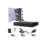 KIT TurboHD 1080p / DVR 16 Canales / 16 Cámaras Bala Policarbonato con Microfono (exterior 2.8 mm) / Transceptores / Conectores / Fuente de Poder Profesional