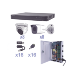 KIT TurboHD 1080p / DVR 16 Canales / 8 Cámaras Bala (exterior 2.8 mm) / 8 Cámaras Eyeball (exterior 2.8 mm) / Transceptores / Conectores / Fuente de Poder Profesional