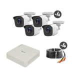 Kit TurboHD 720p / DVR 4 canales / 4 Cámaras Bala de Metal / 4 Cables 18 Mts / H.265+ / 1 Fuente de Poder Profesional / Accesorios de Instalación