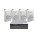 KIT de Amplificador de 120W para Escritorio | 4 Altavoces de Pared color Blanco 2.5W - 20W | Sistema 70/100V