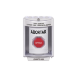 Botón de Abortar, Bocina de Advertencia Integrada, Texto en Español, Tapa Protectora de Policarbonato Súper Resistente con Espaciador, Restablecimiento con Llave