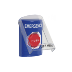 Botón Multipropósito, Color Azul, De Superficie, Con Tapa De Policarbonato, Con Bocina Pre Alarma, Para Interior, Llave Para Restablecer, Texto De Emergencia, Ingles