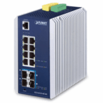 Switch Ethernet Gestionado Capa 3 Industrial DIN-rail / Red Extendida de 10G para Fábricas y Áreas Metropolitanas / 8 Puertos RJ45 10/100/1000BASE-T / 4 Puertos SFP+ 10GBASE-SR/LR / Temp. Operativa -40 a 75 grados C / Protección ESD a