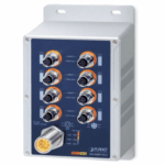 Switch Industrial IP67 8 Puertos 10/100TX M12 / IEEE 802.3at PoE+ / 180W PoE Budget / -40~75°C / Aluminio / DIN-Rail y Montaje en Pared /  Protección ESD y Sobretensiones de 6KV
